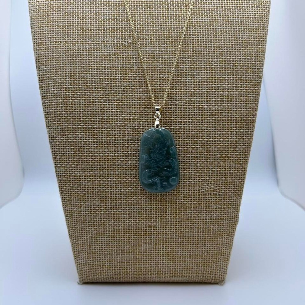 Dragon Burma Jade Carved‎ Pendant Necklace w/ 24K Gold Plated Chain